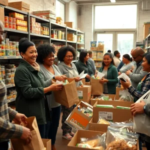 Volunteers and residents exchanging grocery boxes and bags inside a community food pantry with shelves of essentials
