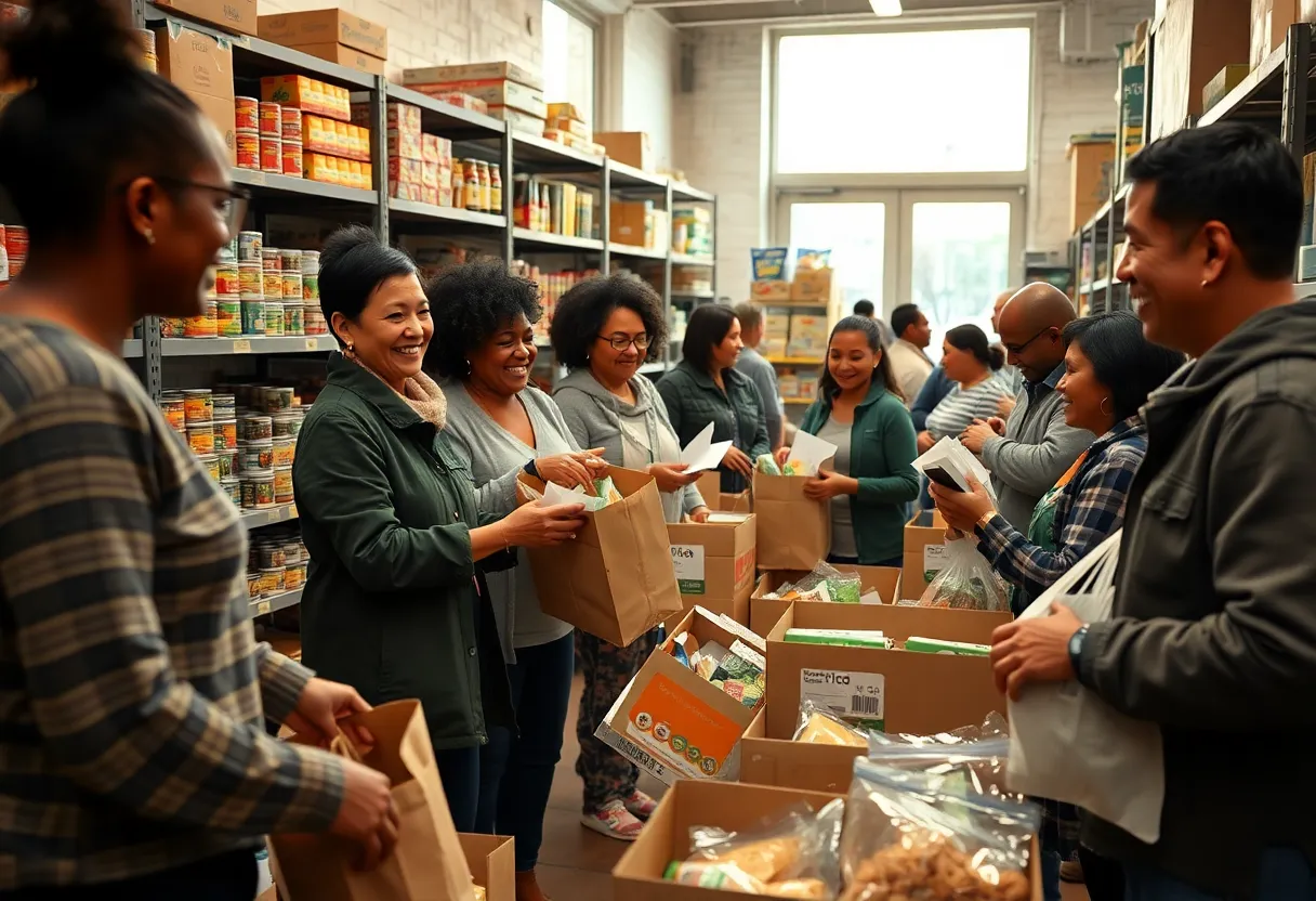 Volunteers and residents exchanging grocery boxes and bags inside a community food pantry with shelves of essentials