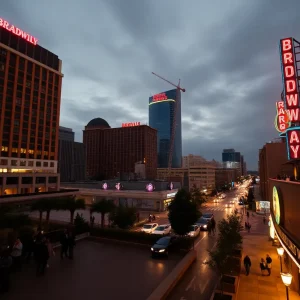 Night view of Hilton and Omni hotels near Bridgestone Arena with neon Broadway lights and concertgoers on the street below.