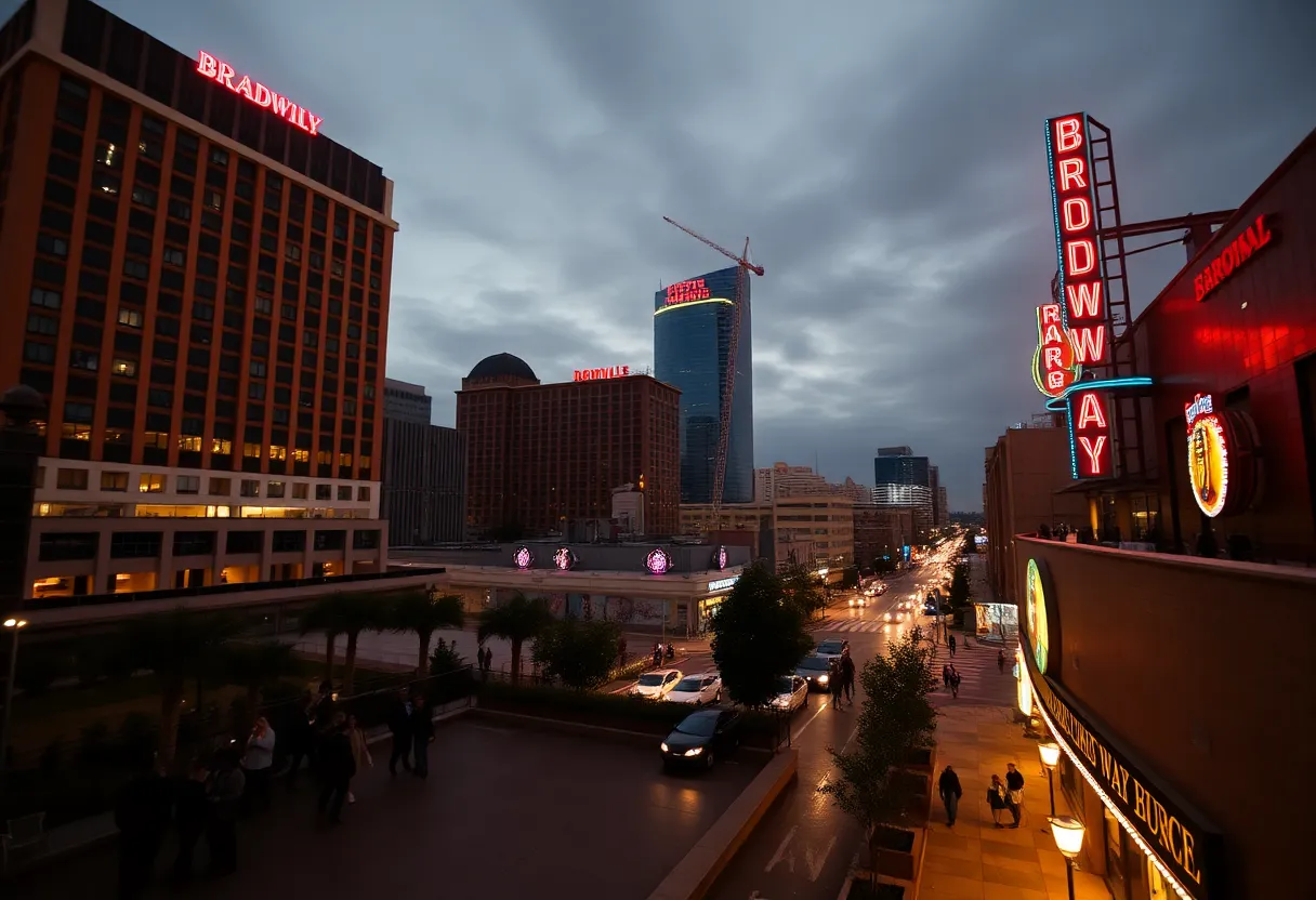 Night view of Hilton and Omni hotels near Bridgestone Arena with neon Broadway lights and concertgoers on the street below.