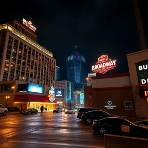 Downtown Nashville at night showing two hotels near a concert arena, rooftop lights and pedestrian activity