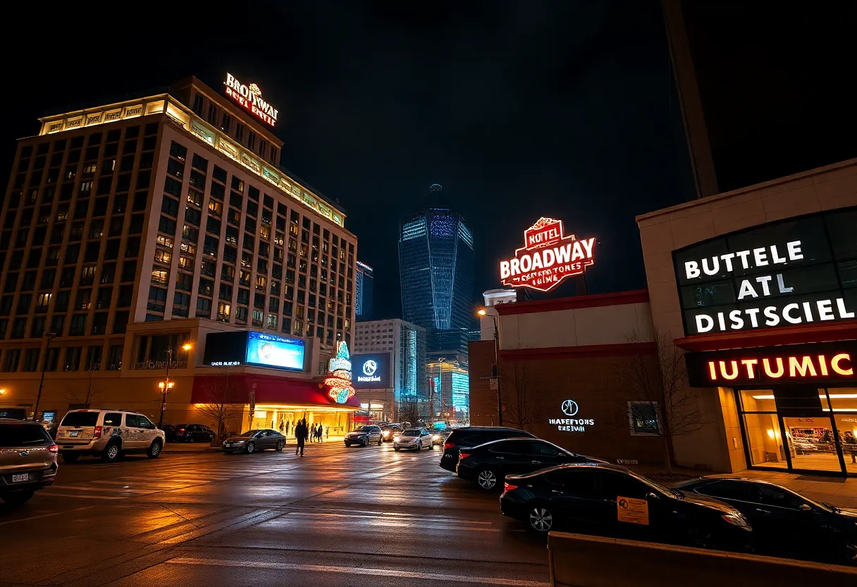 Downtown Nashville at night showing two hotels near a concert arena, rooftop lights and pedestrian activity