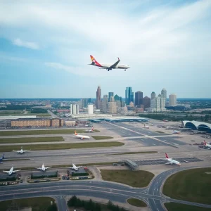 Aerial view of Nashville International Airport with planes and city skyline