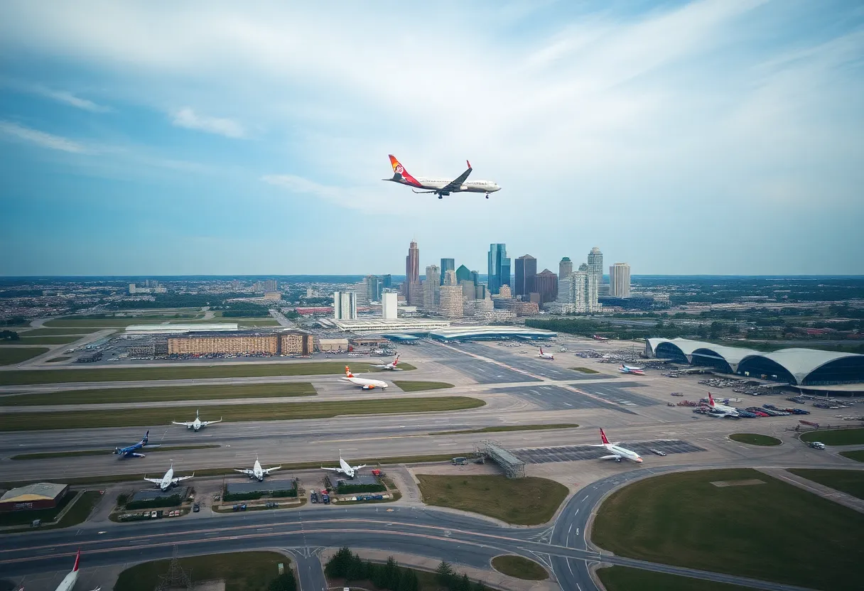Aerial view of Nashville International Airport with planes and city skyline