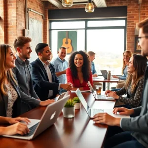 Young professionals networking in a Nashville coffee shop with laptops and music decor
