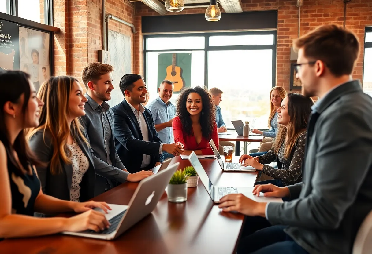 Young professionals networking in a Nashville coffee shop with laptops and music decor