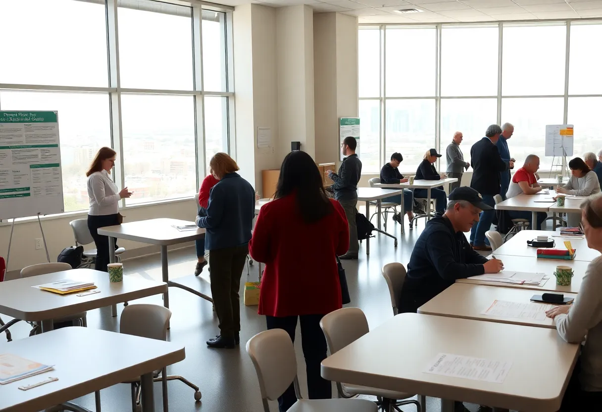 Community job center with counselors assisting people and resource flyers on a bulletin board
