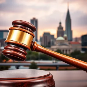 Artistic representation of a gavel with Nashville skyline.