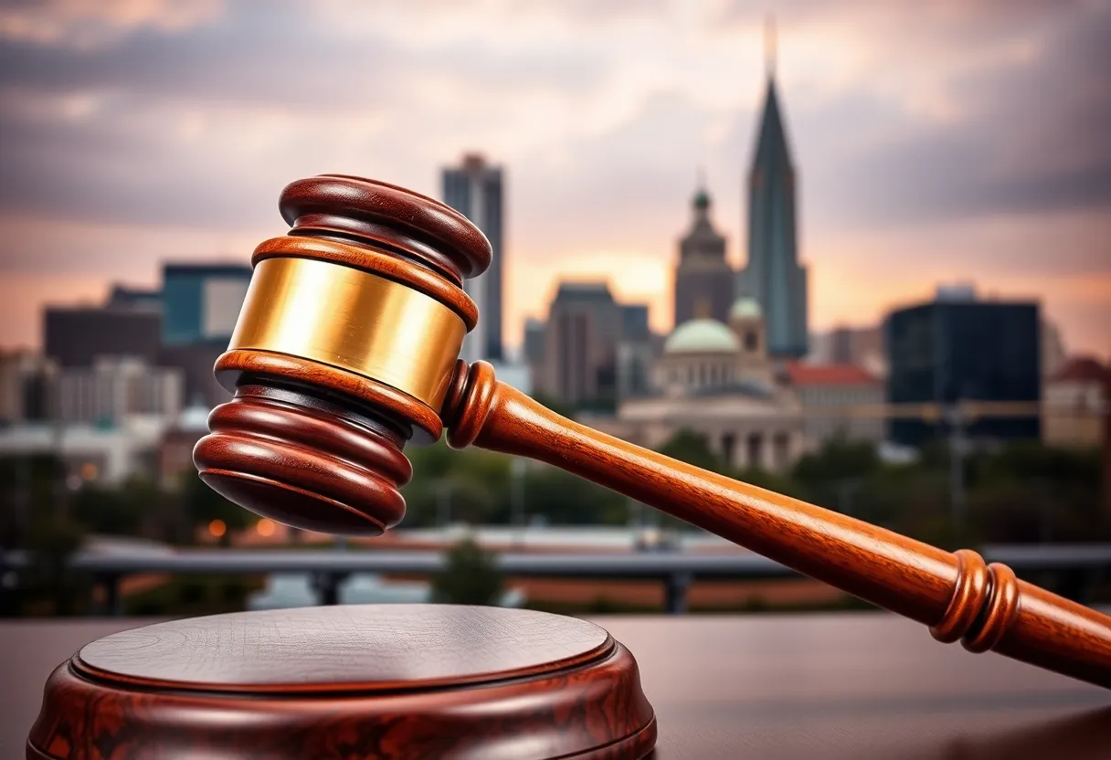 Artistic representation of a gavel with Nashville skyline.