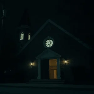 Exterior of Nashville Life Church with dim lighting at night