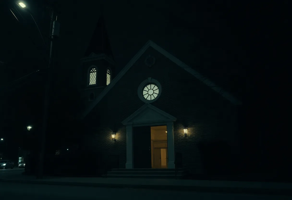 Exterior of Nashville Life Church with dim lighting at night