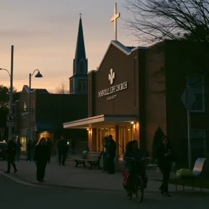 An exterior view of Nashville Life Church at night