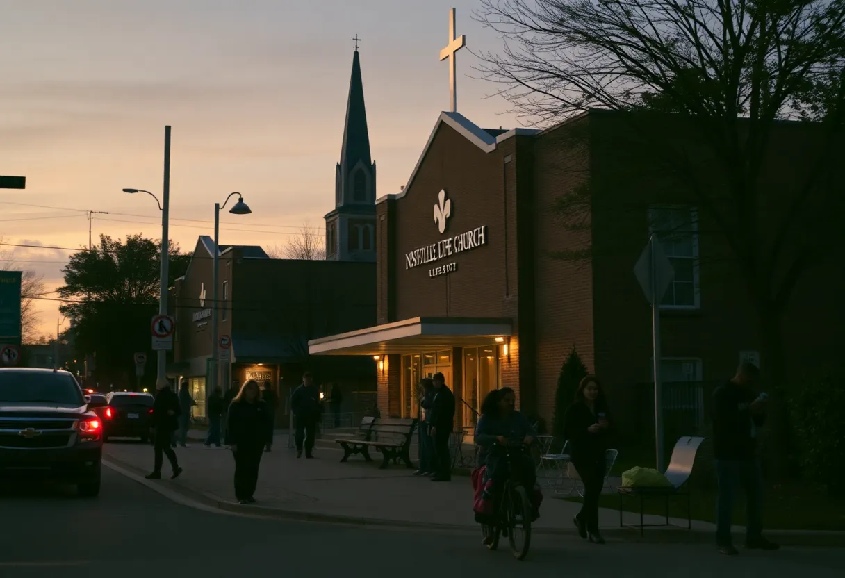 An exterior view of Nashville Life Church at night