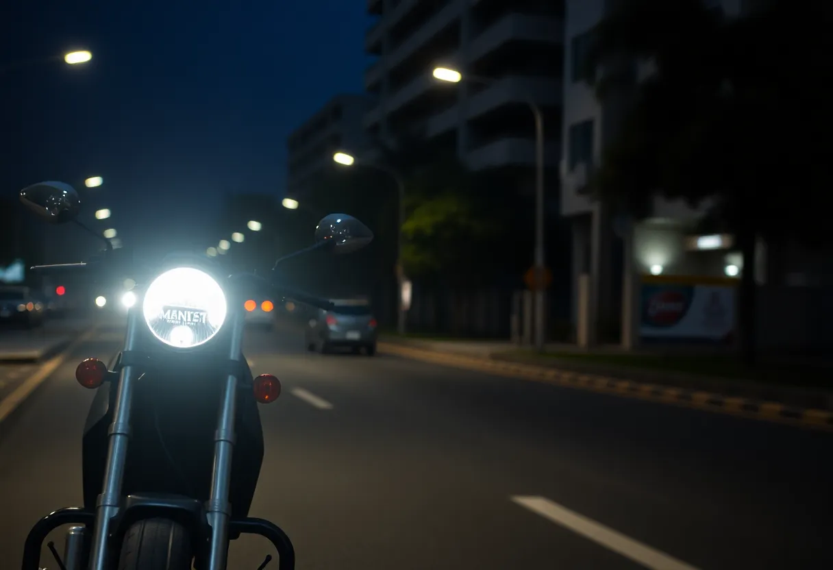 Empty urban road at night with motorcycle headlights