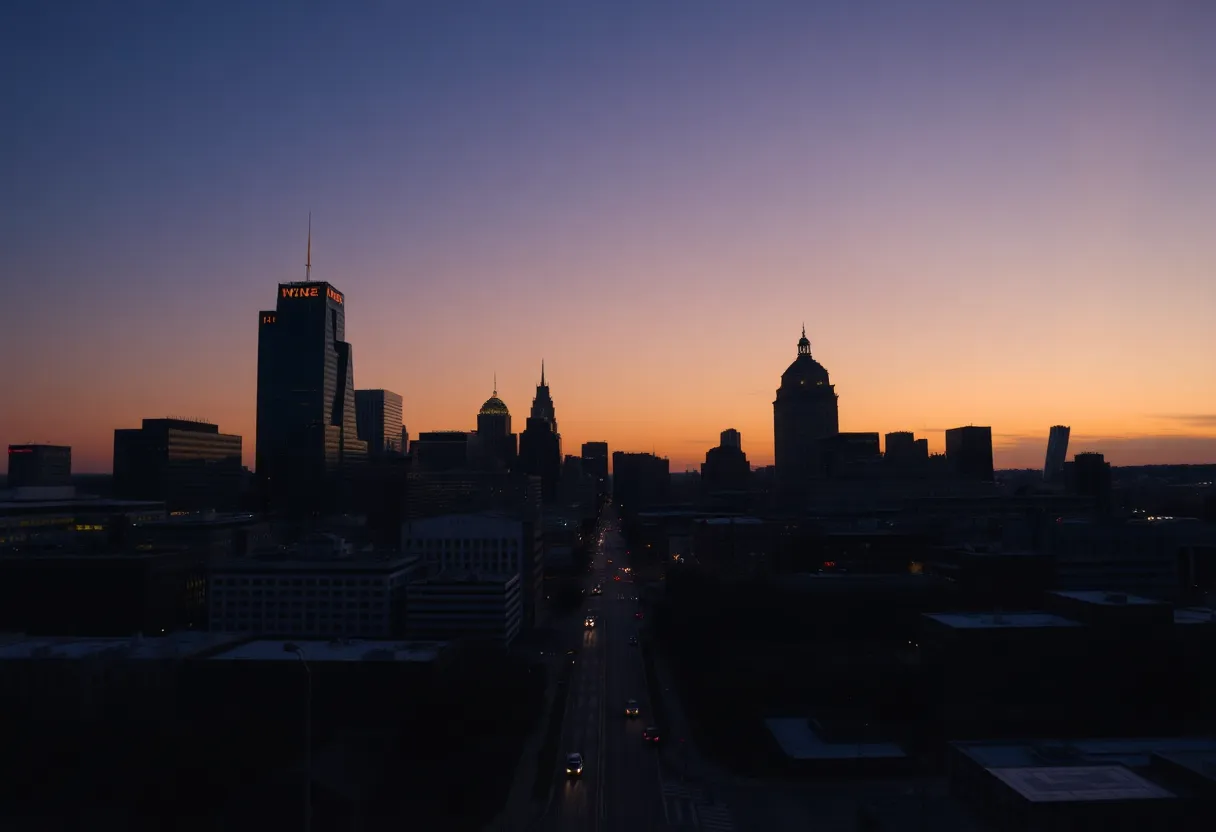 Cityscape of Nashville at dusk, symbolizing mourning for the judges.