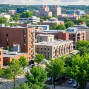 Urban design concept for Nashville's Nations neighborhood showcasing affordable housing and community features.