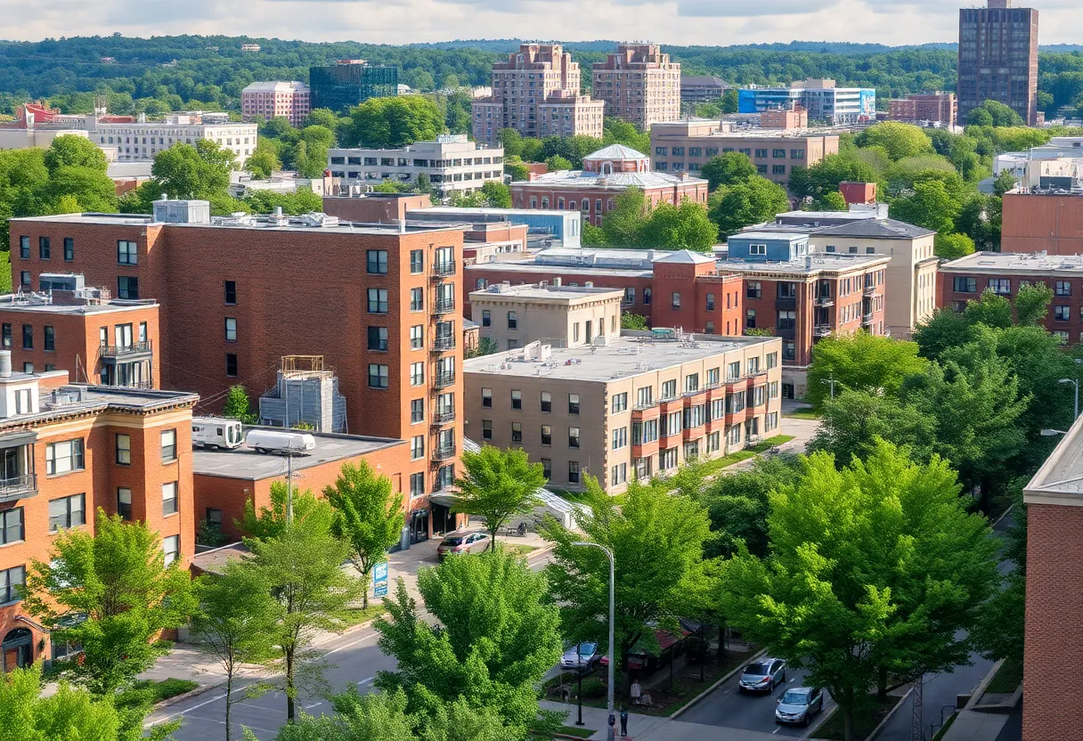 Urban design concept for Nashville's Nations neighborhood showcasing affordable housing and community features.