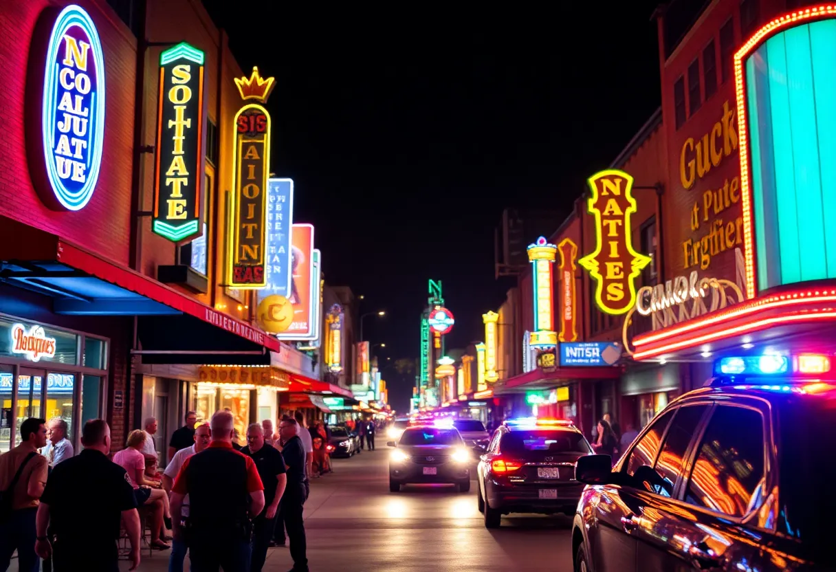Police presence in Nashville's entertainment district at night