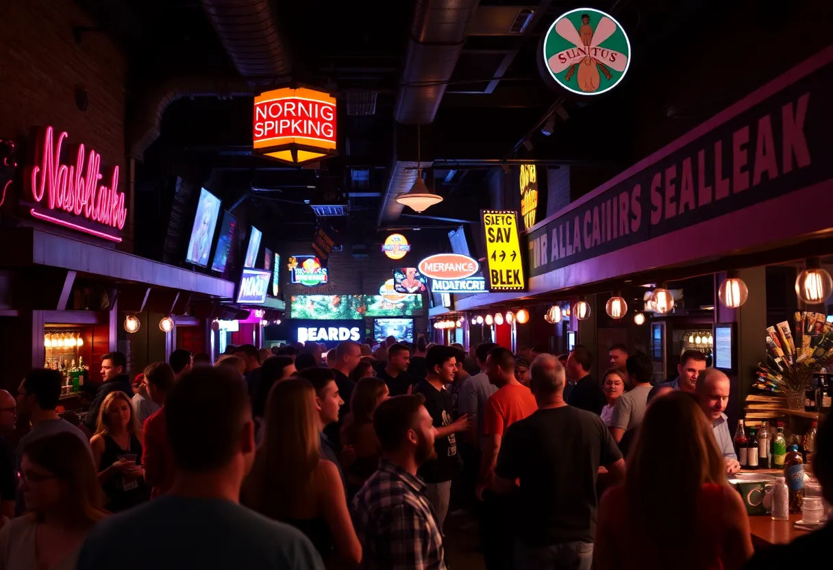 A lively bar scene in Nashville promoting safety awareness around drink spiking.