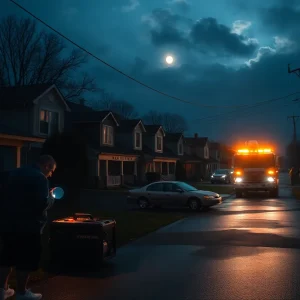 Nashville neighborhood at night during a power outage with residents using flashlights and a utility truck working in the distance