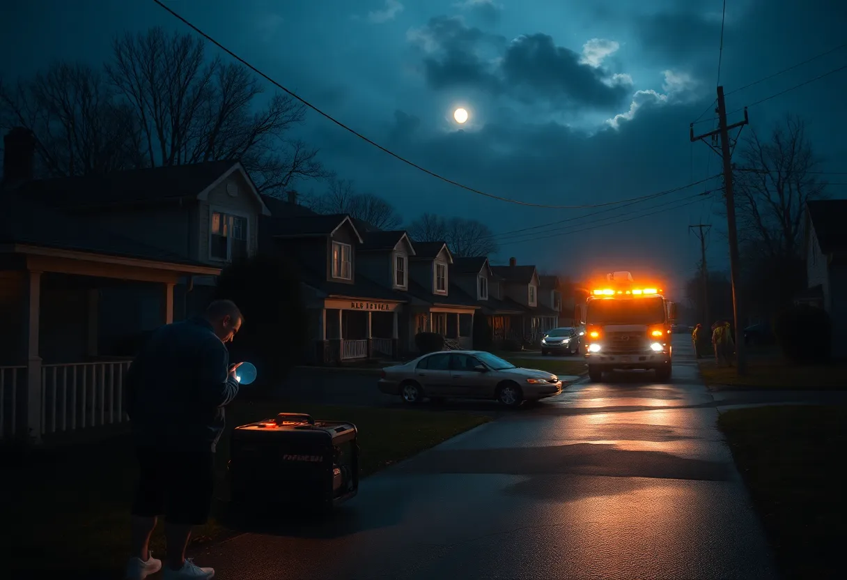 Nashville neighborhood at night during a power outage with residents using flashlights and a utility truck working in the distance