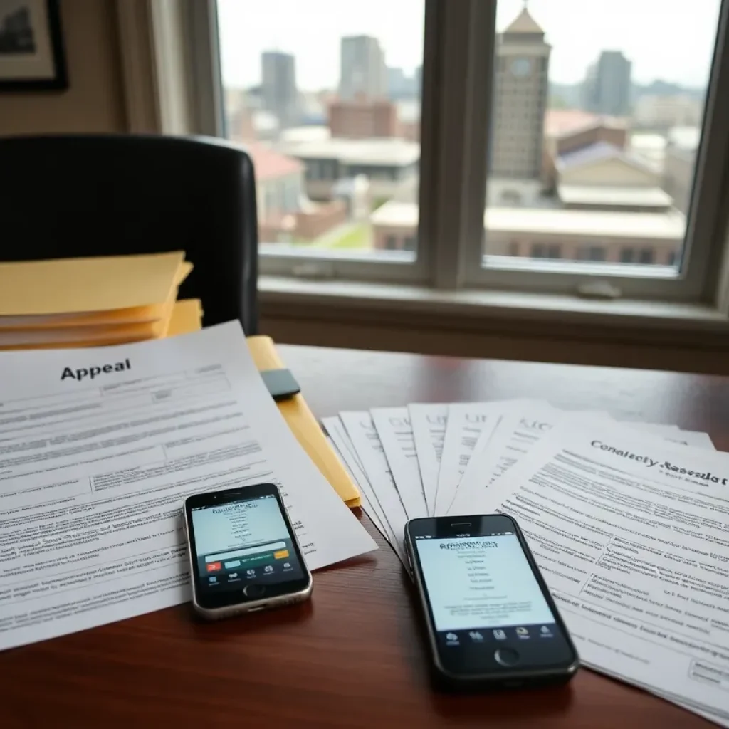 Desk with property tax assessment notice, appeal folders, comparable sales printouts, and Nashville skyline visible through window.