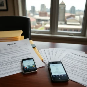 Desk with property tax assessment notice, appeal folders, comparable sales printouts, and Nashville skyline visible through window.