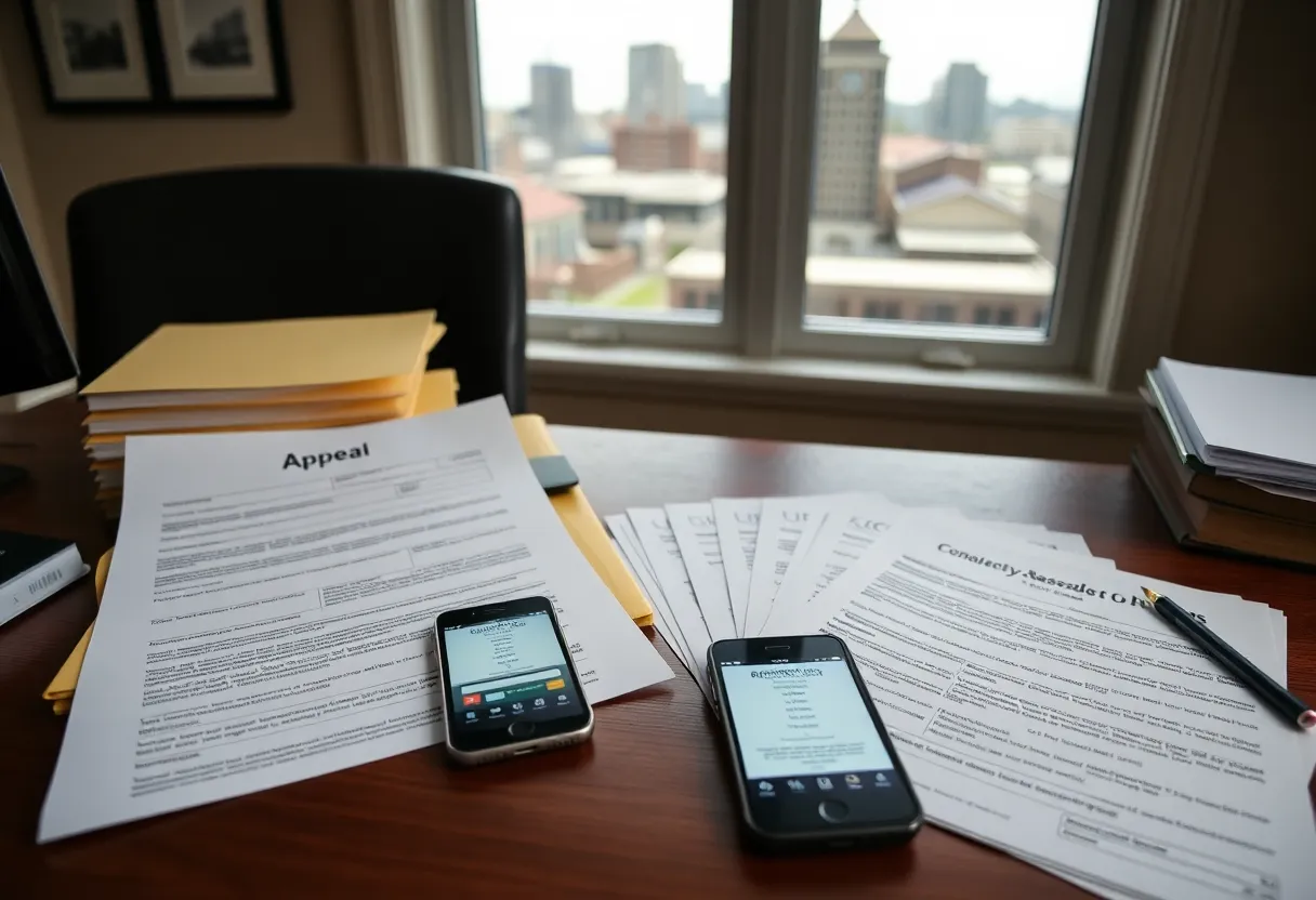 Desk with property tax assessment notice, appeal folders, comparable sales printouts, and Nashville skyline visible through window.
