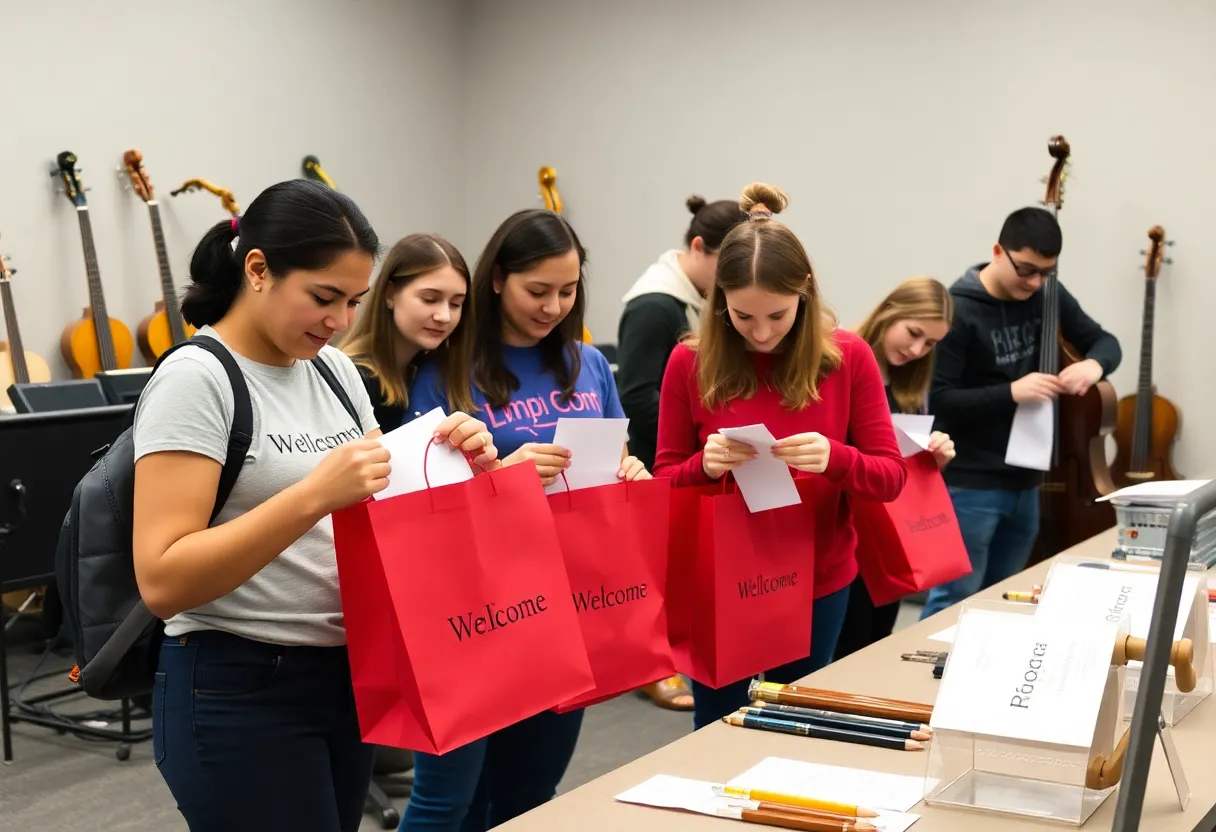 Volunteers creating welcome bags for music students in Nashville
