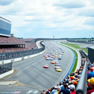NASCAR race at Nashville Superspeedway with fans in attendance