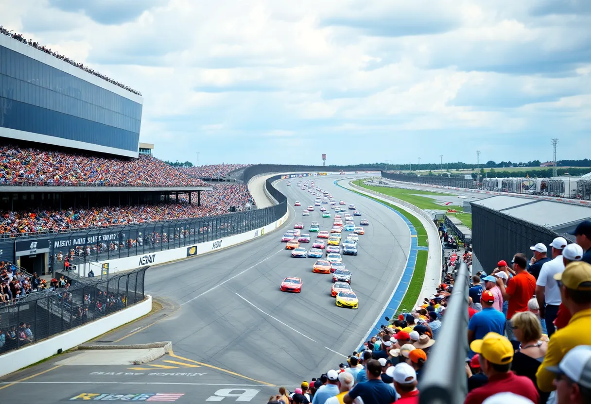 NASCAR race at Nashville Superspeedway with fans in attendance