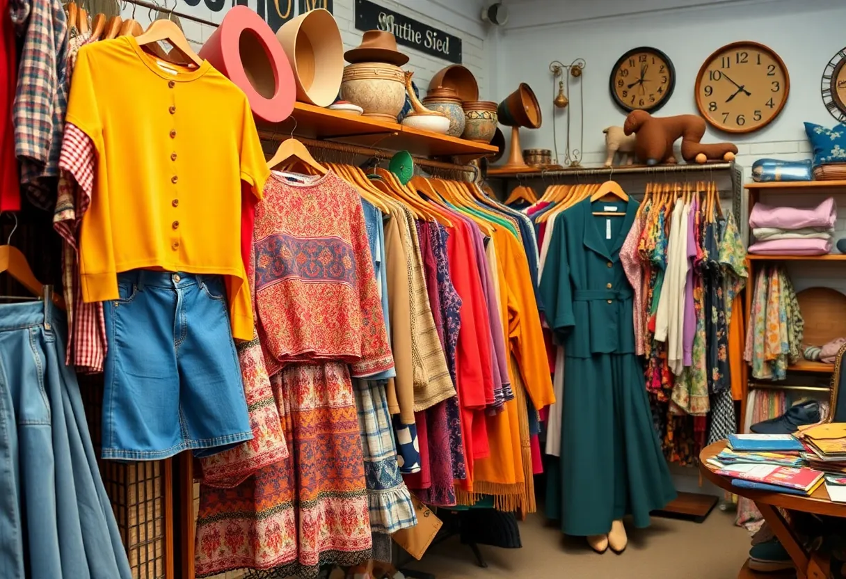 A variety of vintage clothing and unique items in a Nashville thrift store