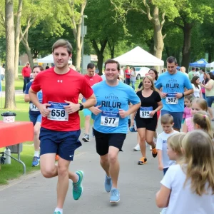 Runners at the Nashville Urban Runoff 5K race with educational booths in the background