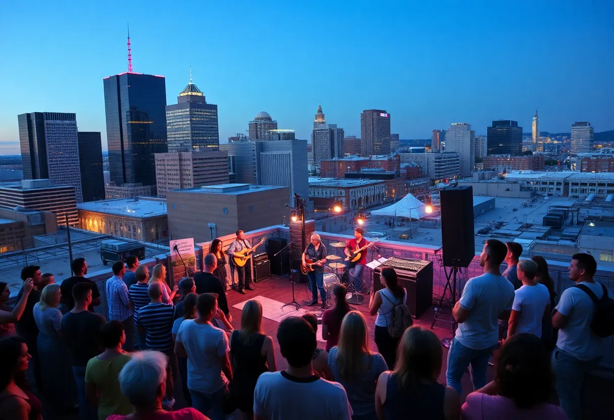 Music event on a rooftop in Nashville with skyline view