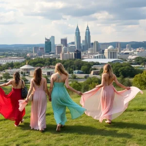 Tourists enjoying a photoshoot with flowing dresses in Nashville