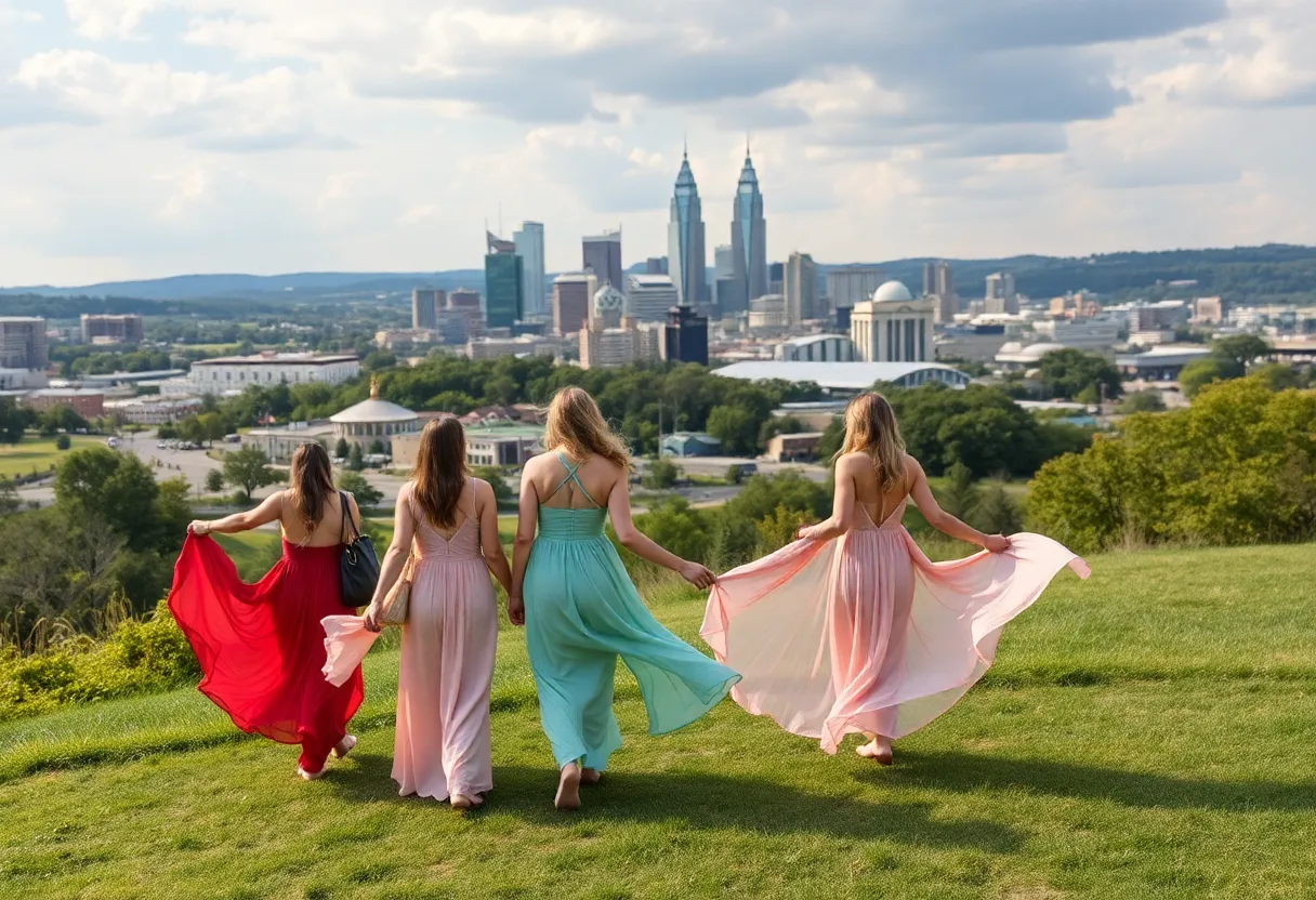 Tourists enjoying a photoshoot with flowing dresses in Nashville