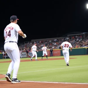 Nashville Sounds playing against Jacksonville Jumbo Shrimp during a night game.