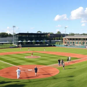 A renovated ballpark in North Nashville filled with players and spectators.