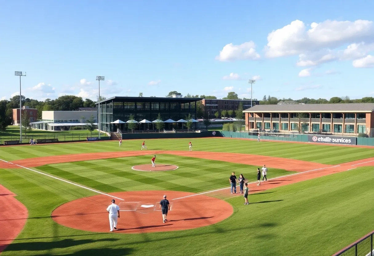 A renovated ballpark in North Nashville filled with players and spectators.