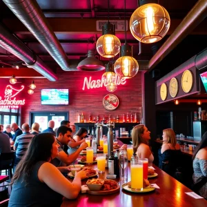 Interior of Party Fowl hot chicken restaurant in Nashville with patrons enjoying food and drinks.
