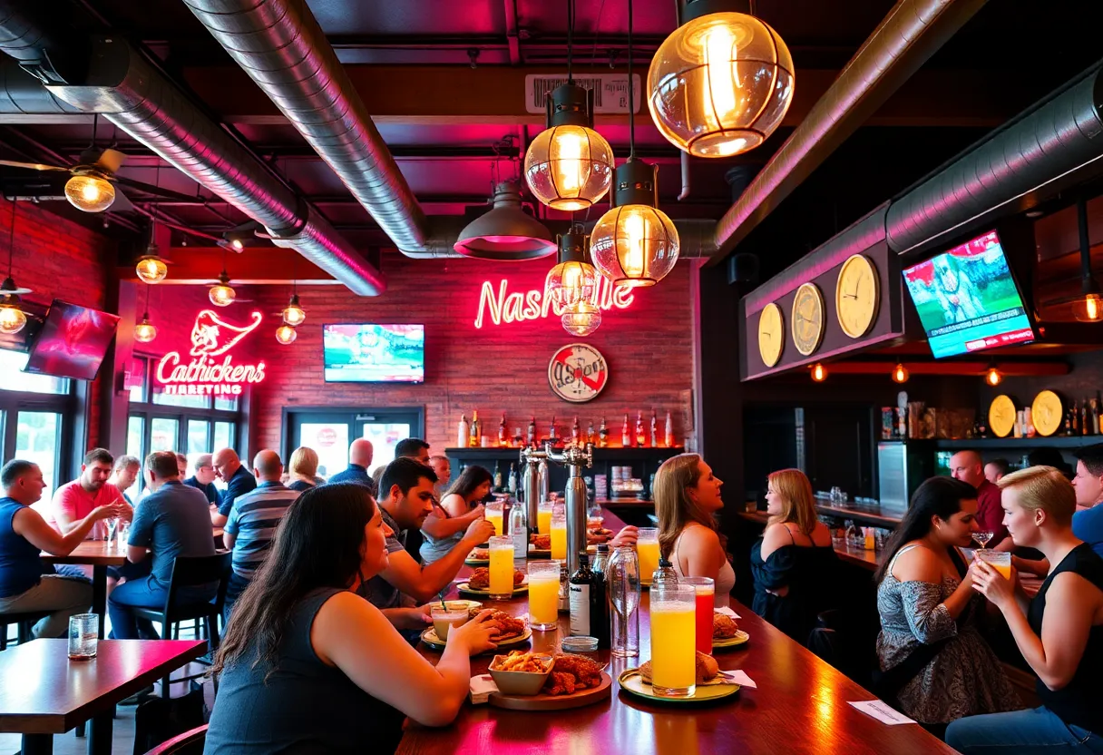 Interior of Party Fowl hot chicken restaurant in Nashville with patrons enjoying food and drinks.