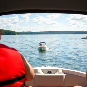 Boaters enjoying a day on Percy Priest Reservoir during summer, focused on safety measures.