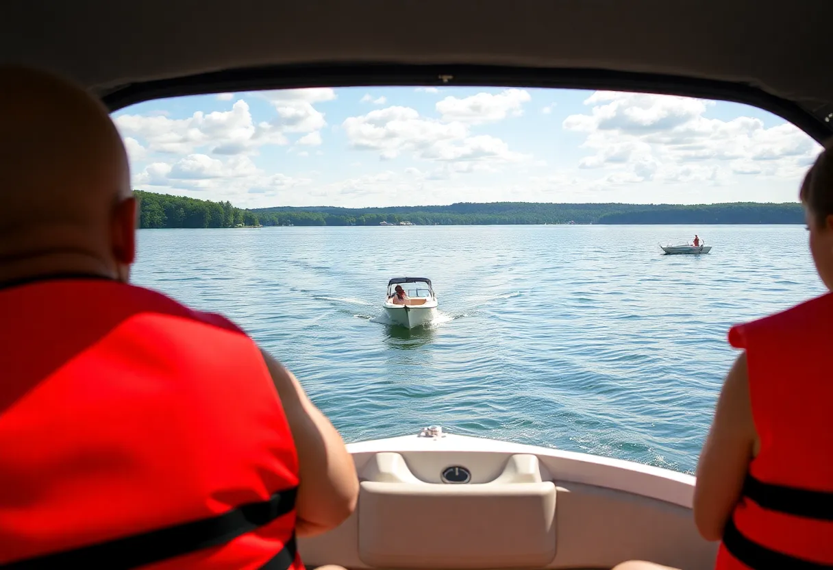 Boaters enjoying a day on Percy Priest Reservoir during summer, focused on safety measures.