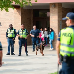 Police officers and K-9 units conducting a search at University School of Nashville after a bomb threat.