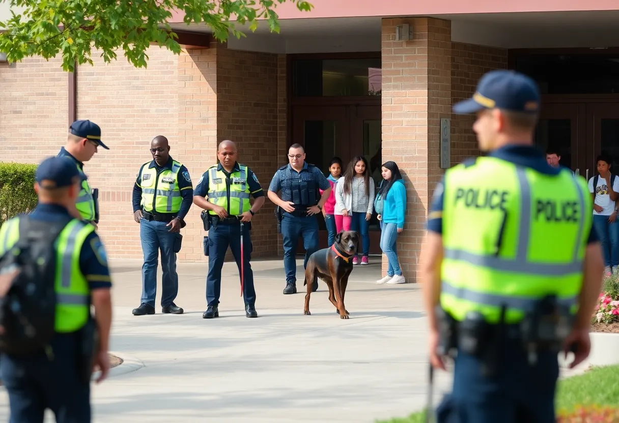 Police officers and K-9 units conducting a search at University School of Nashville after a bomb threat.