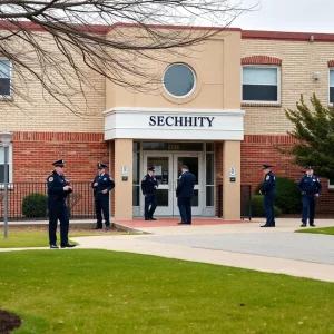 Police officers outside a school building after a threat was made.