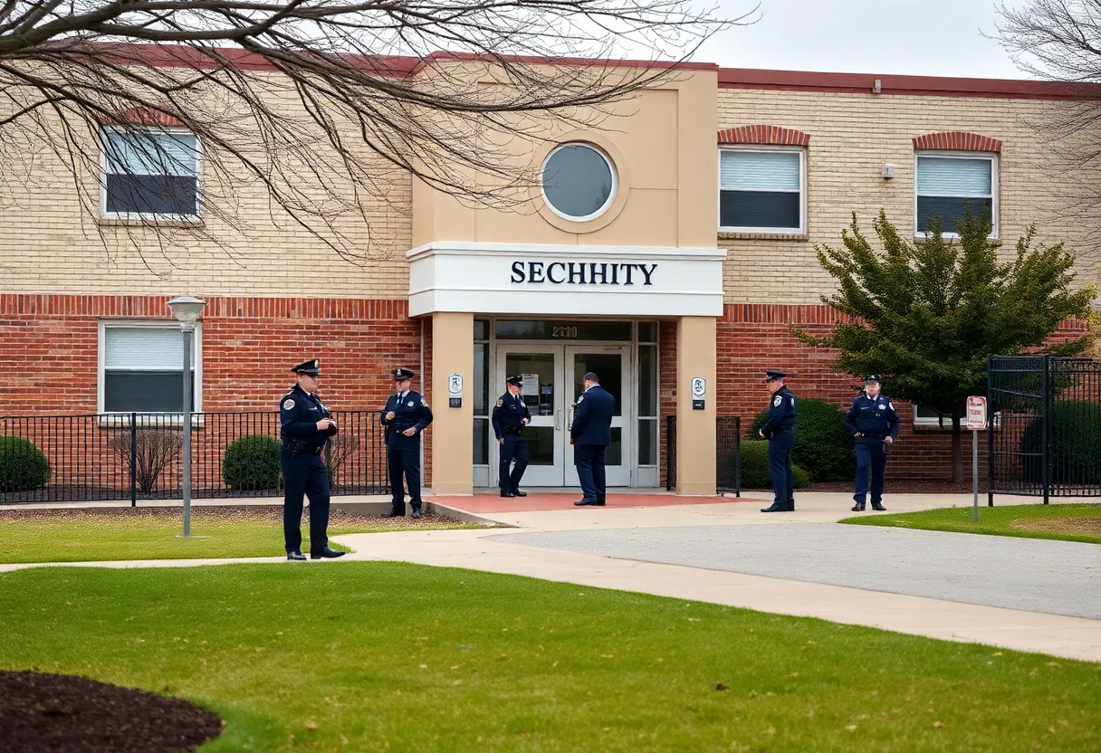 Police officers outside a school building after a threat was made.
