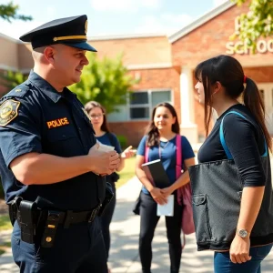 Police officer discussing safety measures with school staff