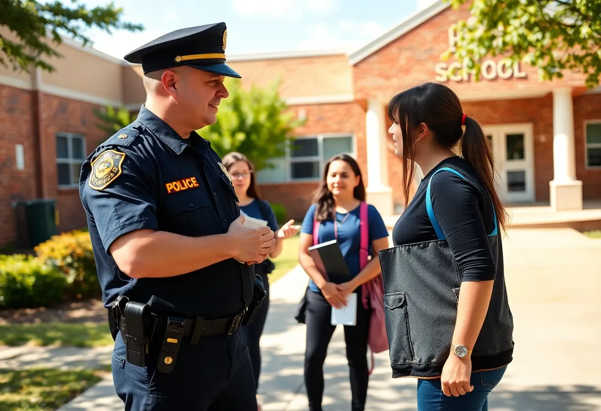Police officer discussing safety measures with school staff