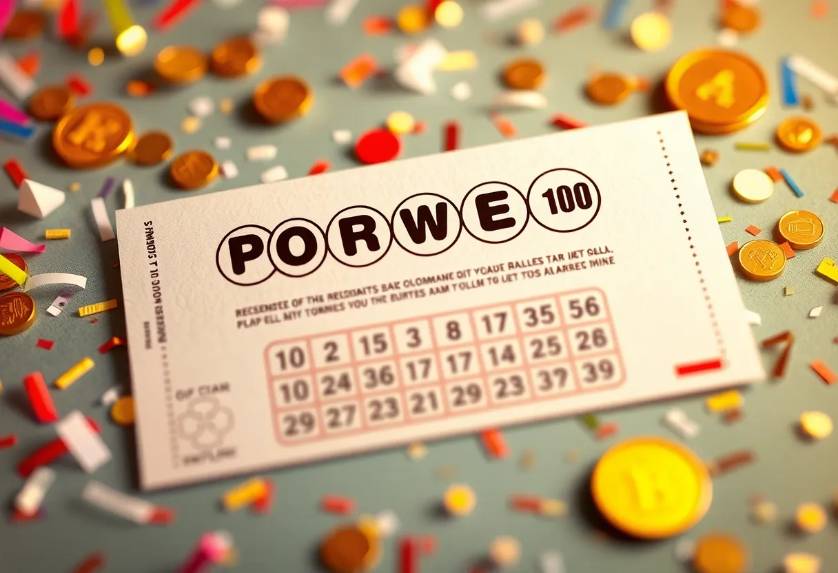 Visualization of a Powerball lottery ticket with celebratory elements